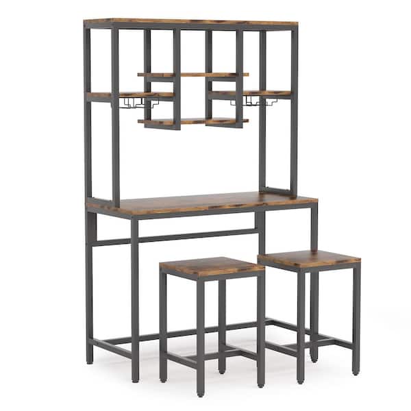 BYBLIGHT 3-Piece Rustic Brown Bar Table Set, Pub Table and Chairs Industrial Wine Rack Table with Glass Holder (Set of 2)