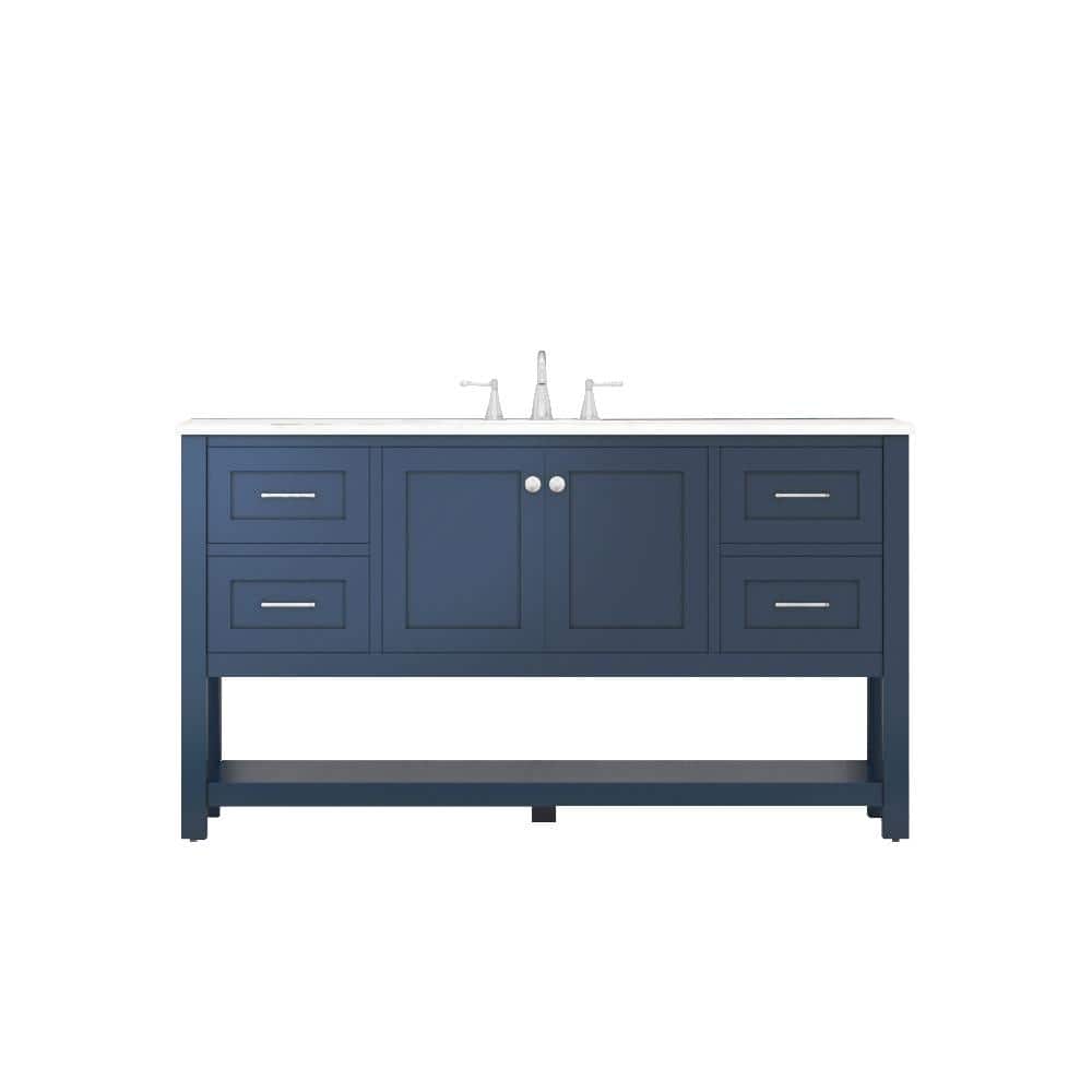 Alya Bath Wilmington 60 in. W x 34.2 in. H x 22 in. D Bath Vanity in Blue with Marble Vanity Top