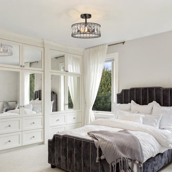 12.5 in. 2-Light Industrial Modern Black Drum Semi Flush Mount Light with Crystal Glass Shade