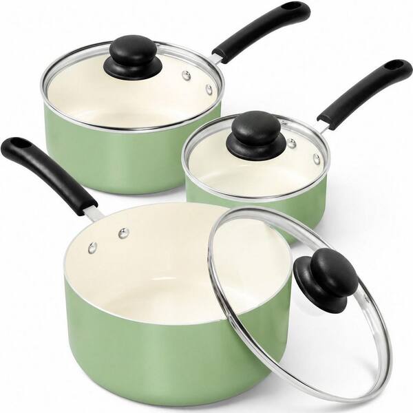 Nonstick Ceramic Sauce Pan Set with Lid, 1 Qt, 2 Qt, and 3 Qt Sizes, Stay-Cool Handle, Induction Ready, Green