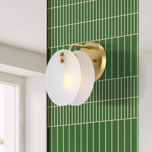 Designers Fountain Sky Fall 8 in. 1-Light Brushed Gold Contemporary Wall Sconce with Etched Fluted Glass Shade for Bathrooms