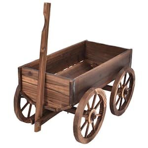 21 in. Wooden Cart Planter Stand with Wheels Home Garden Outdoor Decoration