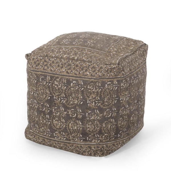 Noble House Eakly Taupe and Gold Handmade Cube Pouf