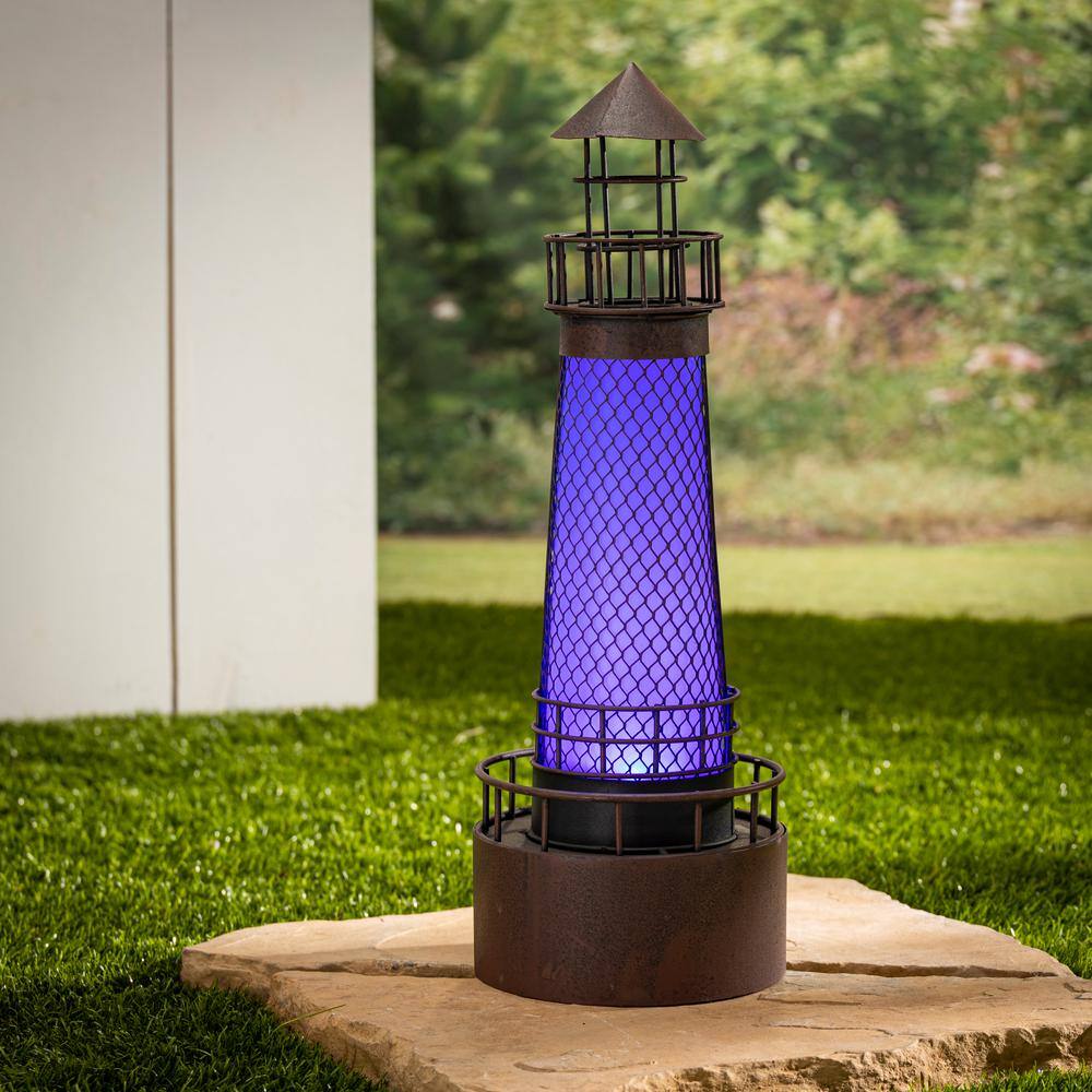 21-inch Blue Solar LED Metal Lighthouse with Rustic Finish
