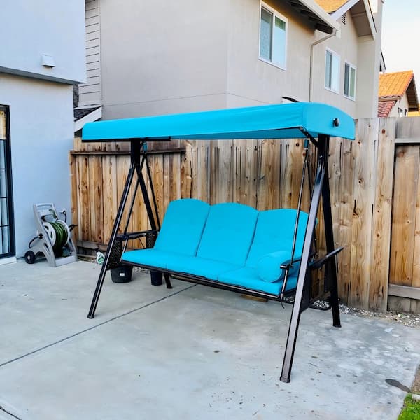 PURPLE LEAF 3-Person Steel Metal Patio Swing with Foldable Side Table, Canopy and Cushions, Turquoise Blue