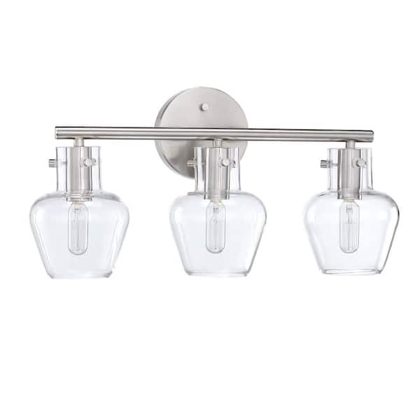 PUDO 18.6 in. 3-Light Silver Bathroom Vanity Light with Clear Glass Shade Bulb Not Included
