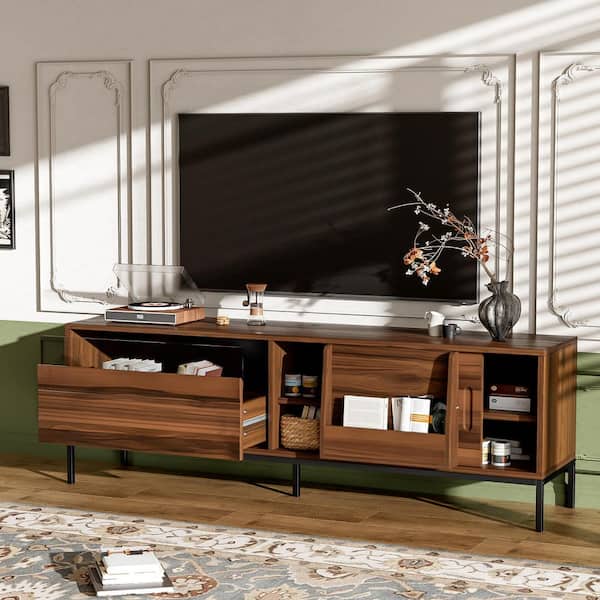 71in. Walnut TV Stand Entertainment Center Fits TV's up to 75in. with Sliding Doors and Adjustable Shelves