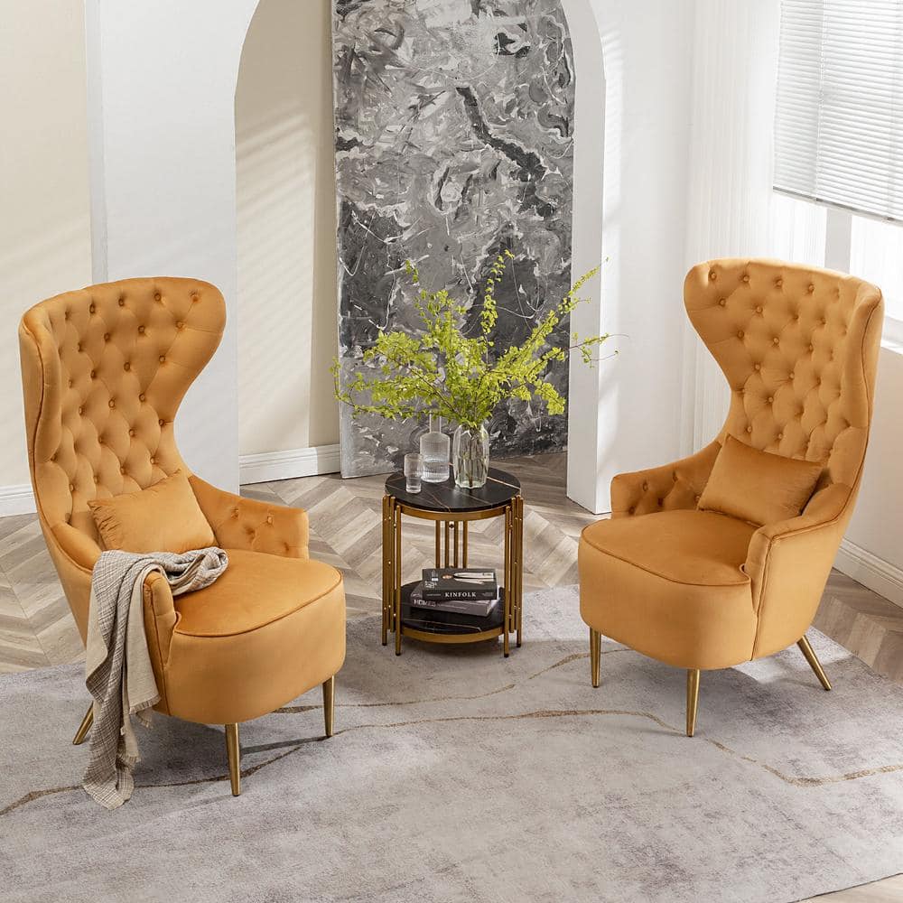 Camel Velvet Tufted Wingback Accent Chair with Gold Legs