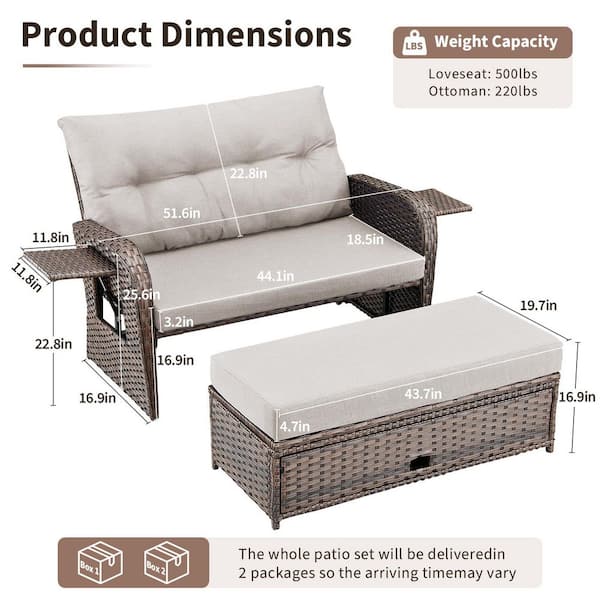Brown Wicker Outdoor Sofa Ded Loveseat Ottoman for Garden Porch with Beige Cushions