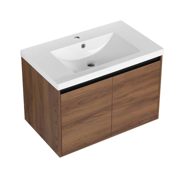 Modland Lesta 29 in. W x 18 in. D x 20 in. H Single-Sink Wall Mounted Soft Closing Bath Vanity in Brown Oak with White Resin Top
