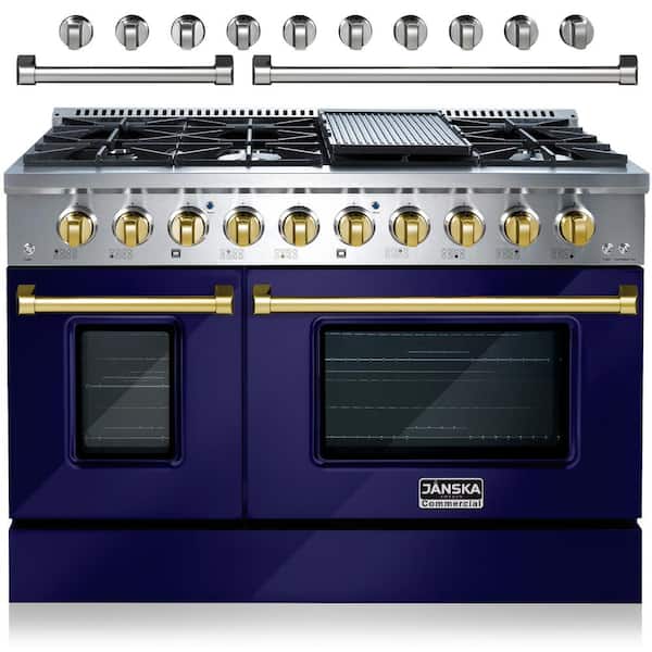 JANSKA Professional Series 48 in. 6.7 cu. ft. 8-Burners Double Oven Gas Range with Griddle in Lustrous Blue