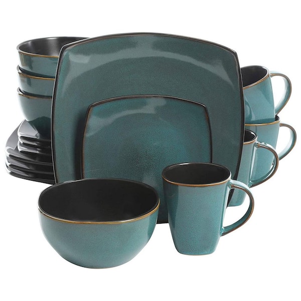 Gibson Elite Soho Lounge 16-Piece Plates, Bowls, and Mugs Dinnerware Set, Teal