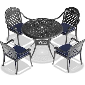 Black 5-Piece Cast Aluminum Outdoor Dining Set, Patio Furniture with 35.43 in. Round Table and Random Color Cushions