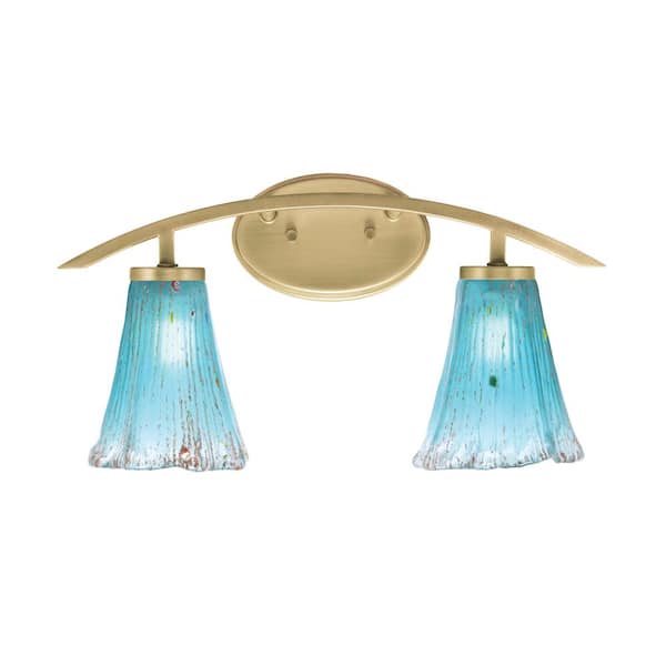 Unbranded Siena 18.25 in. 2-Light Vanity Light New Age Brass with 5.5 in. Fluted Teal Crystal Glass Shades, No Bulbs Included