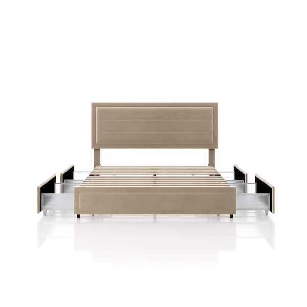 Kieranne Light Brown Upholstered Metal Frame Full Platform Bed With 4 Side Drawers