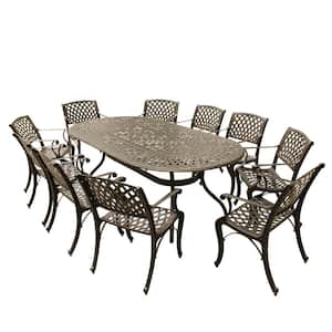 Contemporary Modern 11-Piece Bronze Aluminum Oval Outdoor Dining Set with 10-Chairs