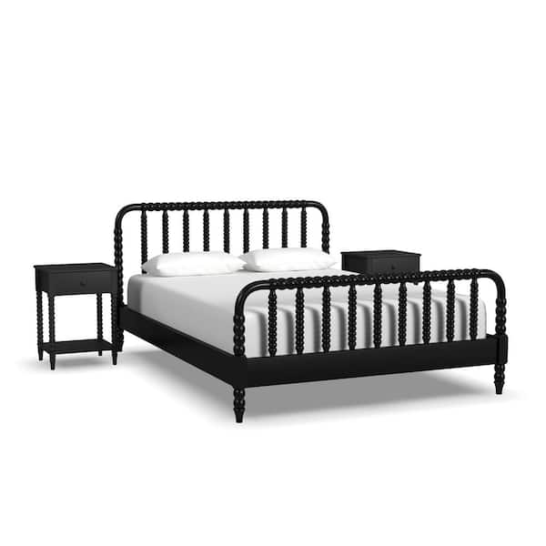 HOMESTYLES Spindle Matte Black Wood Queen Bedroom Set with Bed and 2 Nightstands