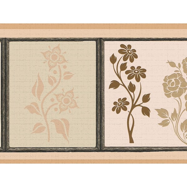 Dundee Deco Falkirk Dandy II Brown Beige Cream Flowers in Squares Floral Peel and Stick Wallpaper Border