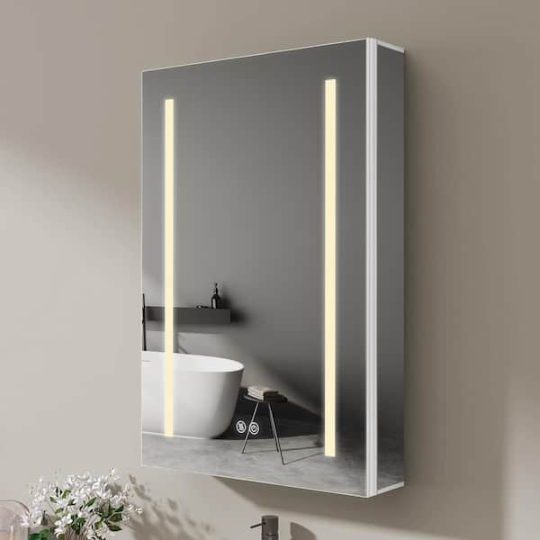 20 in. W x 30 in. H Recessed or Surface Mount Rectangular Aluminum Bathroom LED Medicine Cabinet White with Mirror