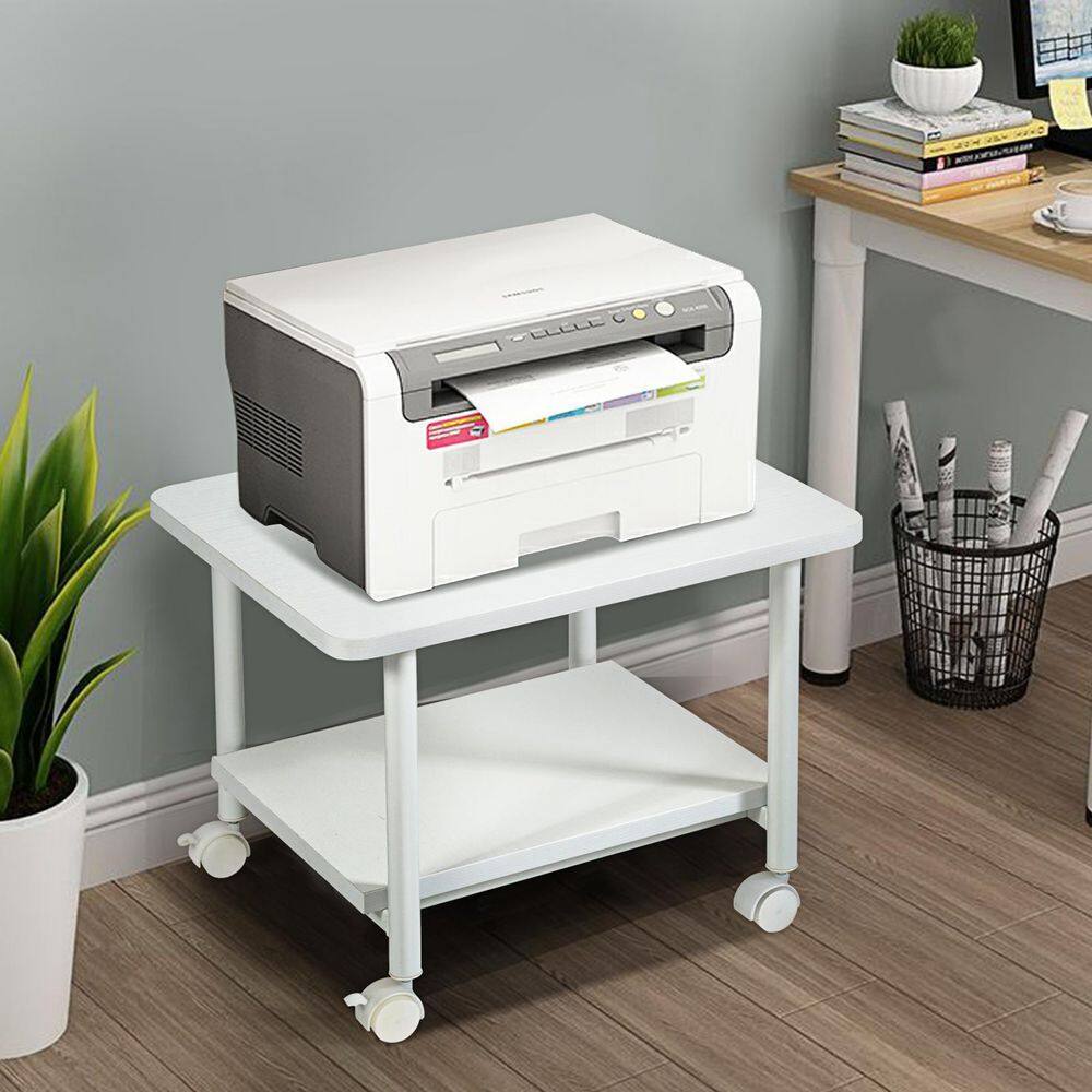 White 2-Tier Rolling Under Desk Printer Cart with Storage Shelves
