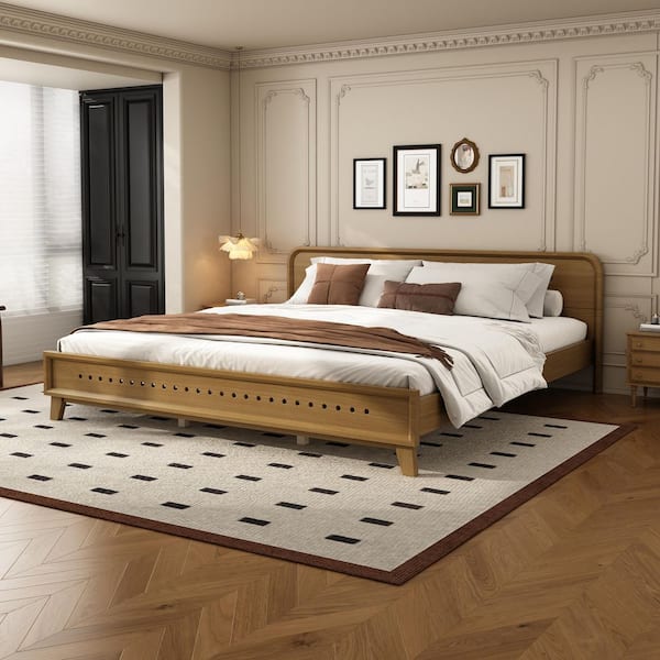 Harper & Bright Designs Rustic Yellow Pine Solid Wood Frame King Size Platform Bed