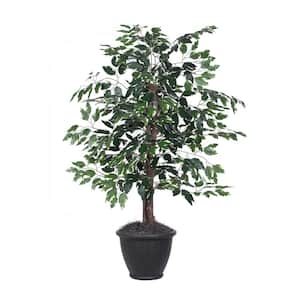 4 ft. Green Artificial Variegated Ficus Bush in Gray Round Plastic Container
