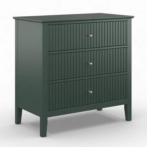 32in. W Wood End Table,Fluted 3-Drawer Nightstand,Side Table Sofa Table Accent Table for Living Room,Bedroom in Green