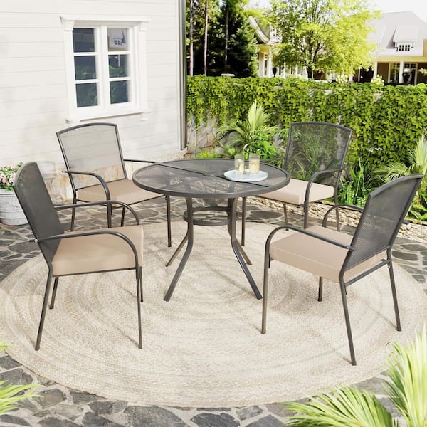 5-Piece Patio Metal Round Outdoor Dining Table Furniture (Set for 4) with Beige Cushions and Umbrella Hole