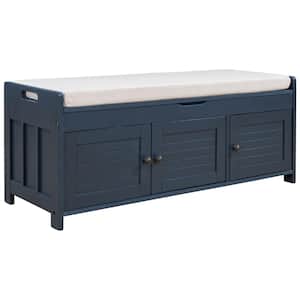 43.5 in. W x 16 in. D x 18 in. H Antique Navy Blue Storage Bench Linen Cabinet with 3-Doors and Adjustable Shelf
