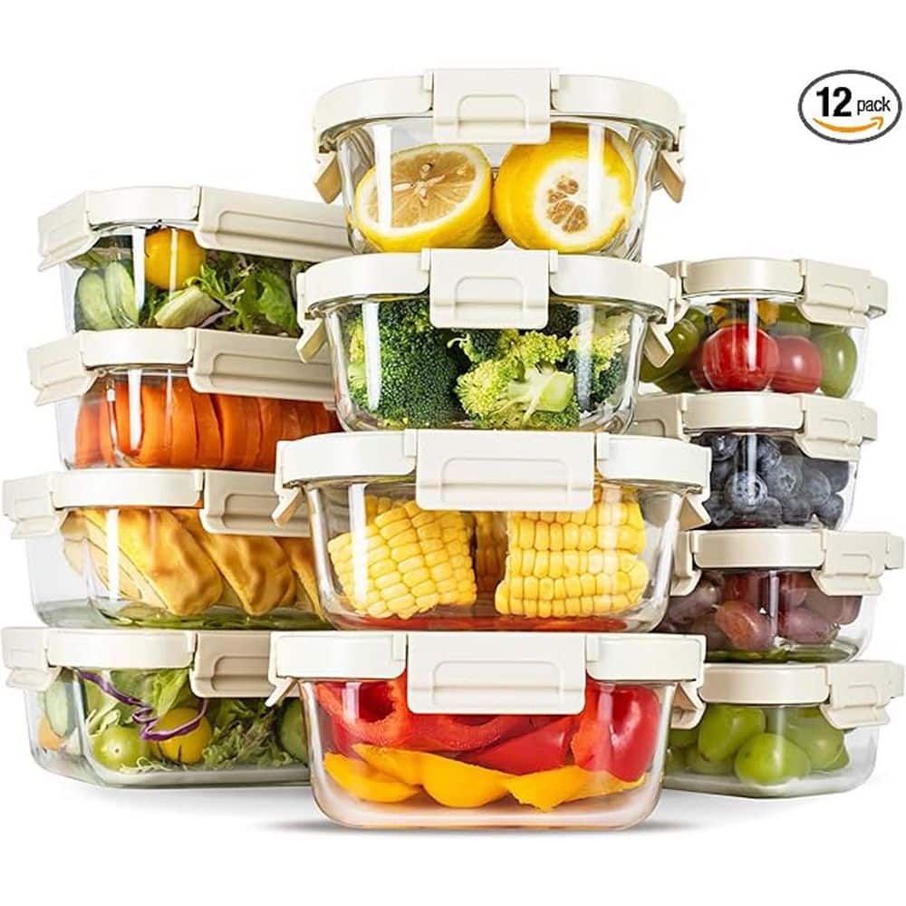 12-Piece Food Meal Prep Containers with Glass Lids, Food Lunch Box, Pantry 