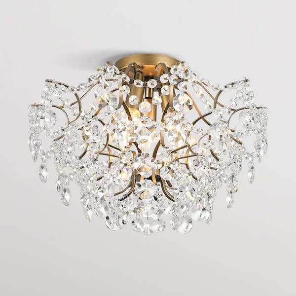 Jojospring Bess 15.8 in. Dia Elegant Indoor 3-Light Brushed Brass Crystal Flush Mount