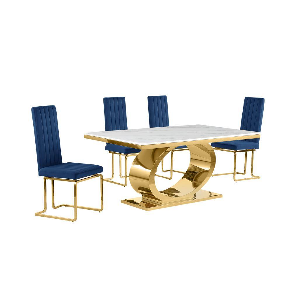 Ibraim 5-Piece Rectangle White Marble Top Gold Stainless Steel Base Dining Set 4 Navy Blue Velvet Chrome Iron Chair price history on PriceWatchPro