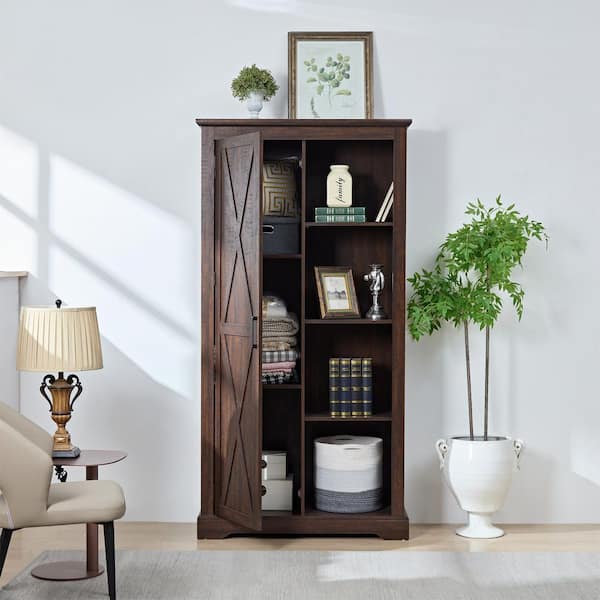 FUNKOL 39.37in x 15.75in x 74.4in Espresso Vintage MDF Ready to Assemble Kitchen Cabinet with 1 Barn Door and 3 Shelves