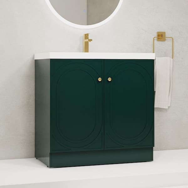 36 in. Single Sink Freestanding Green Bath Vanity with White Resin Top, Adjustable Shelf, Sewer Cover