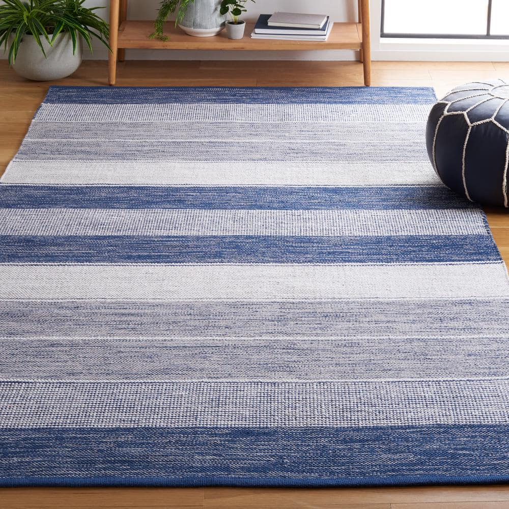 Grey and Blue Wool Cotton Striped 5' x 8' Area Rug