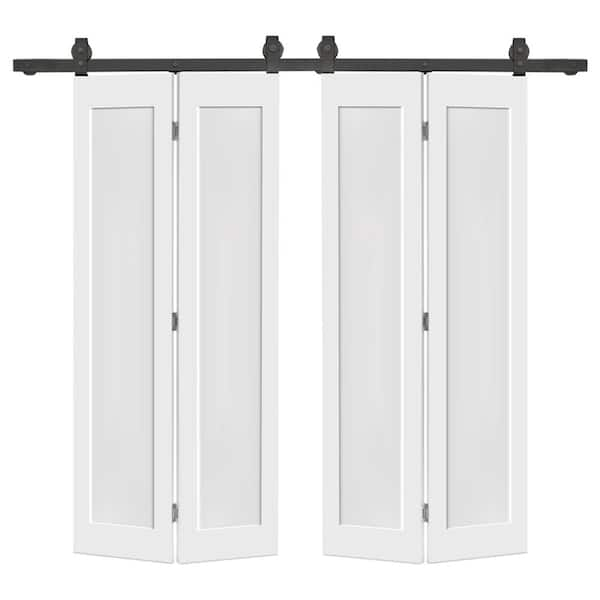 64 in. x 84 in. 1 Panel Shaker Hollow Core White Composite Double Bi-fold Door with Barn Door Hardware Kit