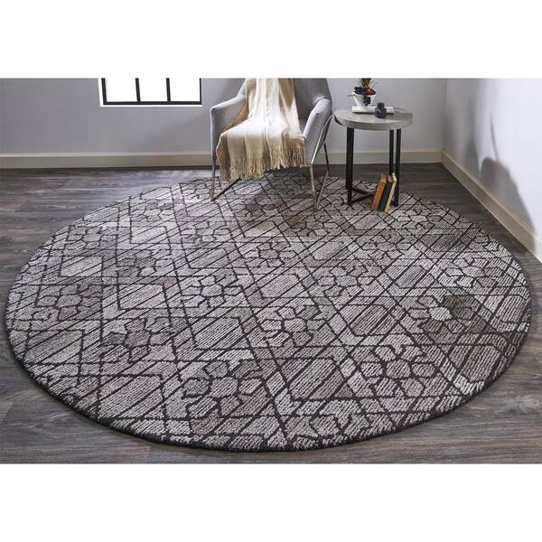 8 Ft Round Geometric Wool Area Rug, 8 Foot Round Wool Area Rugs