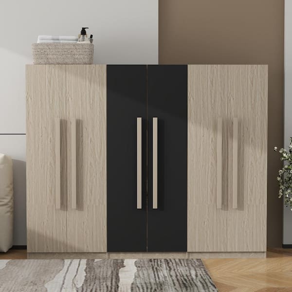 Harper & Bright Designs Black and Natural Wooden 82.6 in. 6-Doors Wardrobe Armoire with Storage Shelves, 2-Drawers and 3-Hanging Rails