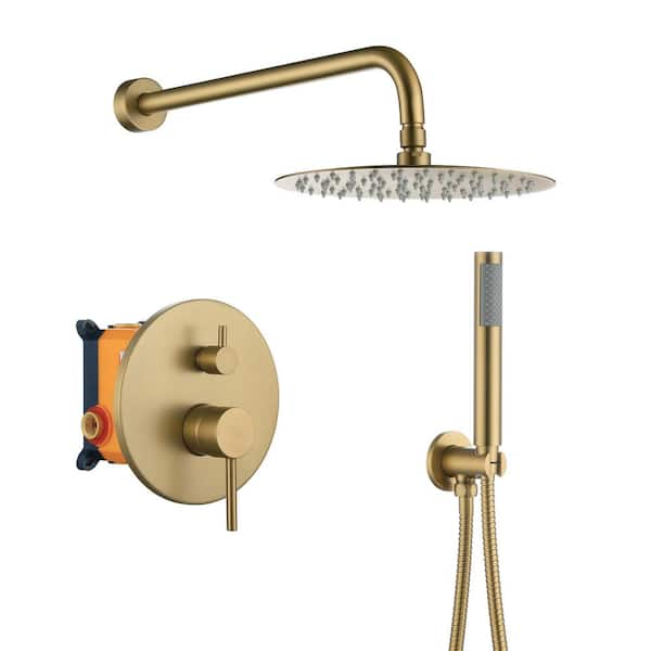 Boyel Living 1-Spray 10 in. Round Wall Mount Fixed and Handheld Shower Head 1.8 GPM with Pressure Balance Valve in Brushed Gold