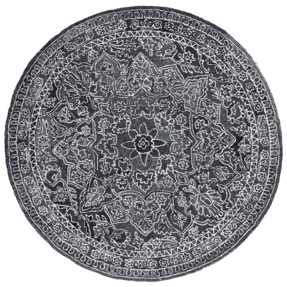 Black Round Hand-Tufted Wool Medallion Area Rug
