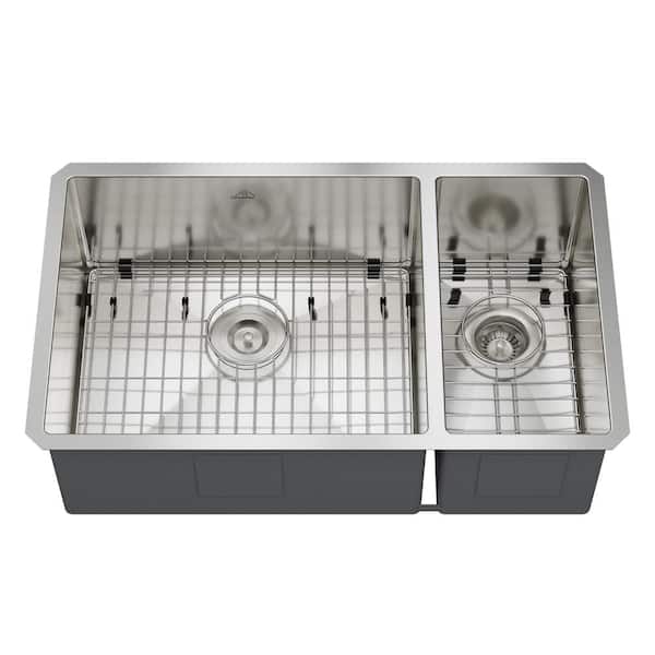 Boyel Living 32 in. Undermount 60/40 Double Bowl 18-Gauge Stainless Steel Kitchen Sink with Bottom Grids and Strainer Basket