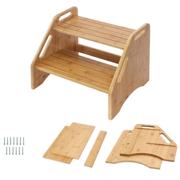 1 ft. Reach 2-Step Stool for Toddlers Non-Slip Bamboo Wood 300 lbs. Capacity Safety Handles Bathroom Kitchen Dual Height