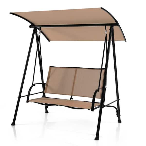 Kadehome 2-Person Black Metal Patio Swing Chair with Adjustable Canopy in Beige