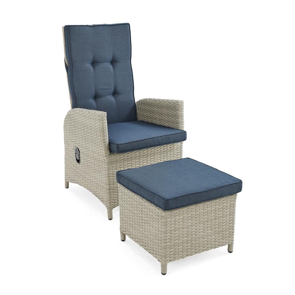 Haven 5-Piece Gray Wicker Recliner Set with Blue Cushions