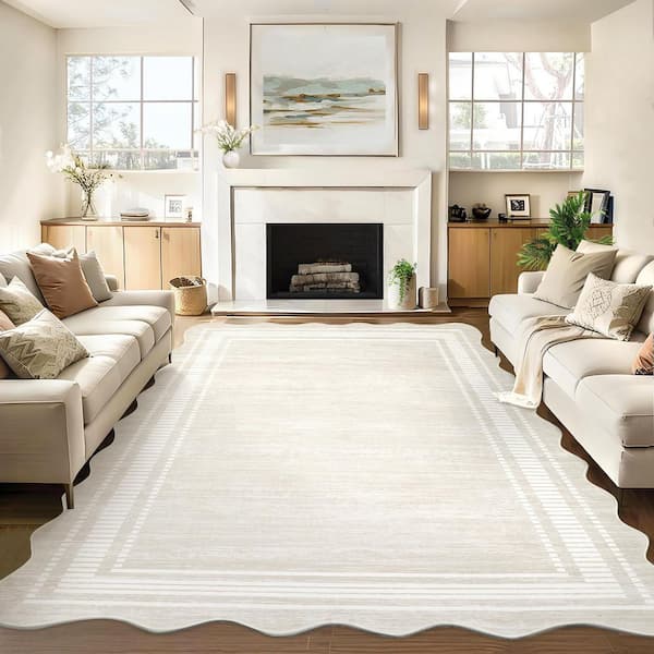 8 X 10 ft. Beige White Scallop Area Rug, Washable Rug, Non-Slip Low-Pile Solid Rug, for Bedroom, Living Room, Office