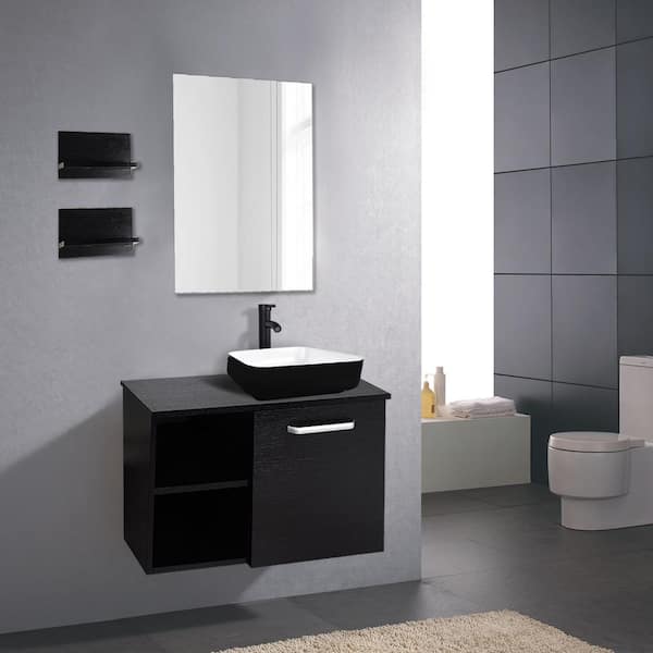28 in. W x 19 in. D x 16 in. H Single Sink Bath Vanity in Black with Black Solid Surface Top and Mirror