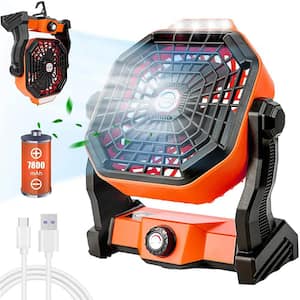 USB Movable Portable Rechargeable 7 in. 3 Fan Speeds Desk Fan in Orange, 7800mAh Battery Powered 3 Level LED Lights