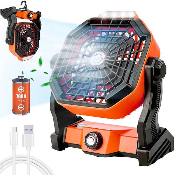 USB Movable Portable Rechargeable 7 in. 3 Fan Speeds Desk Fan in Orange, 7800mAh Battery Powered 3 Level LED Lights