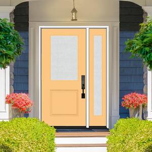 Legacy 53 in. x 80 in. 1/2 Lite Rain Glass LHIS Primed Jackfruit Finish Fiberglass Prehung Front Door w/14 in. SL