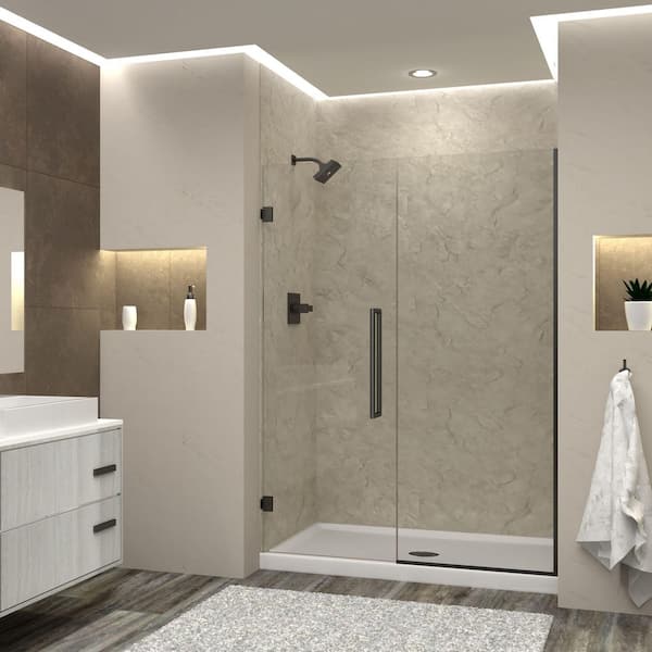 Transolid Elizabeth 56.5 in. W x 76 in. H Hinged Frameless Shower Door in Matte Black with Clear Glass